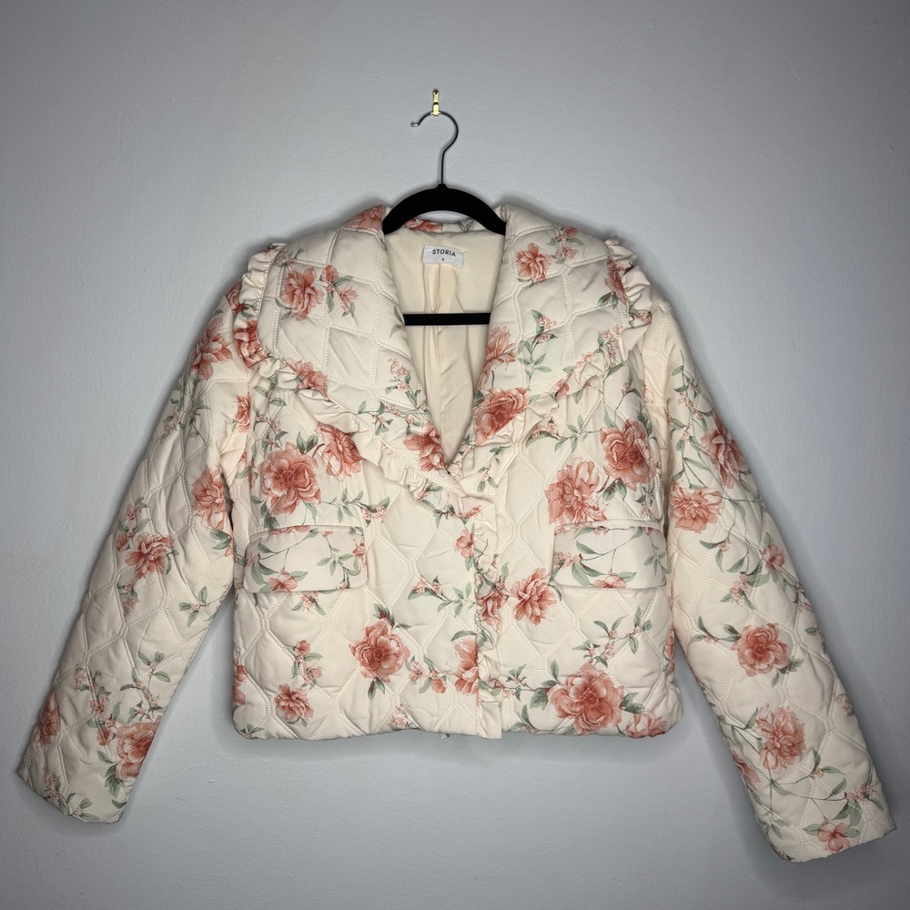 Storia Lightweight Quilted Floral Jacket‎ Ruffle Collar Cottagecore Size Small